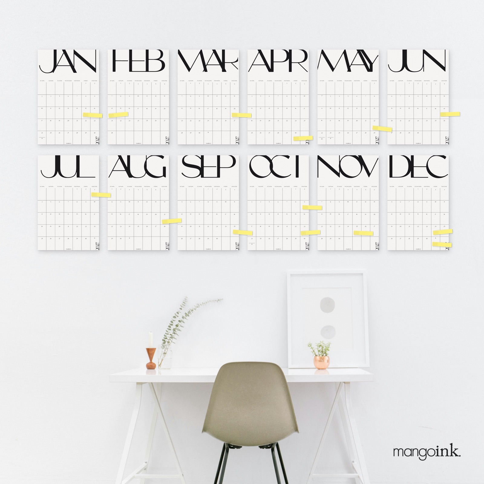 All twelve months in two rows on an office wall