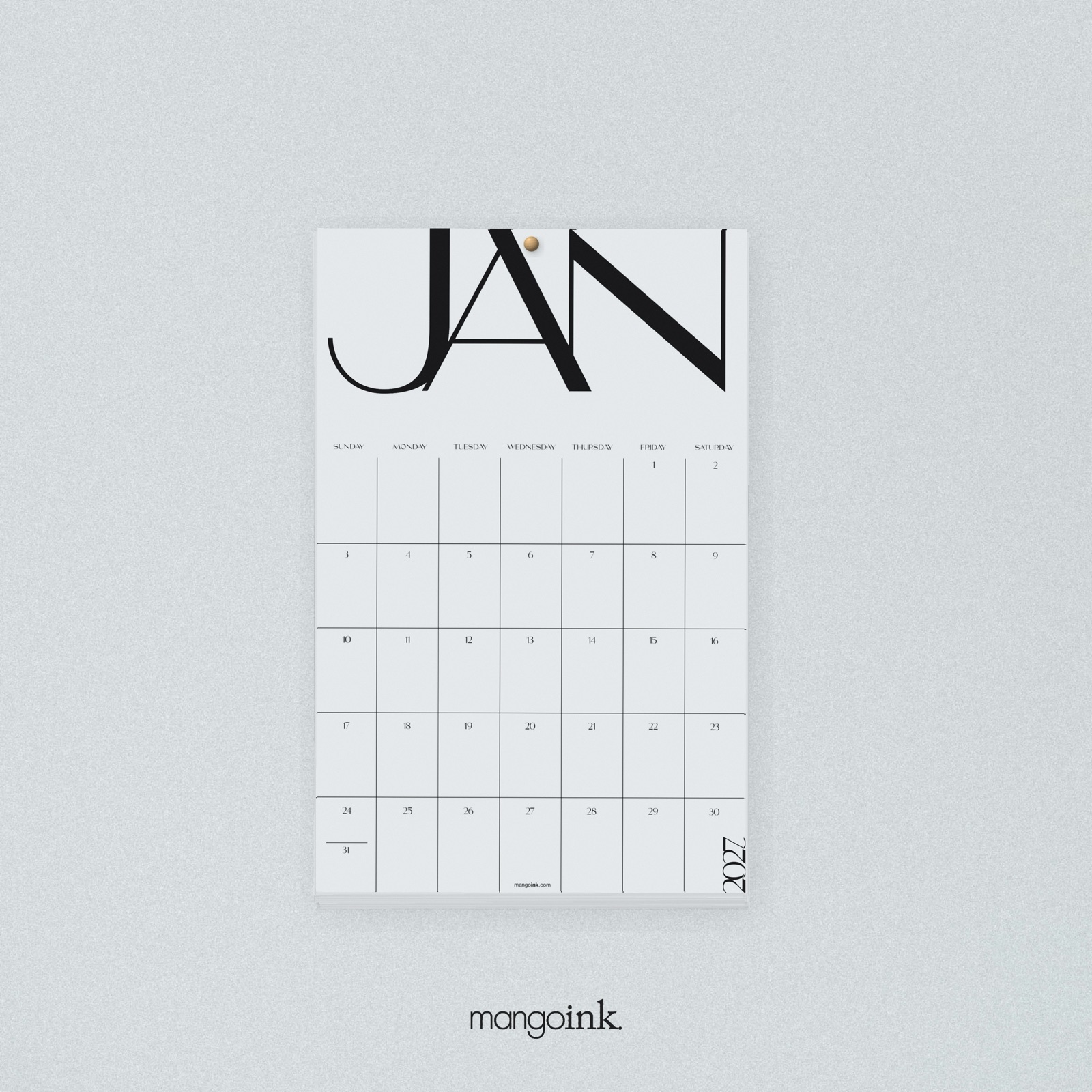 The calendar stacked on a tack, January 2027 on top