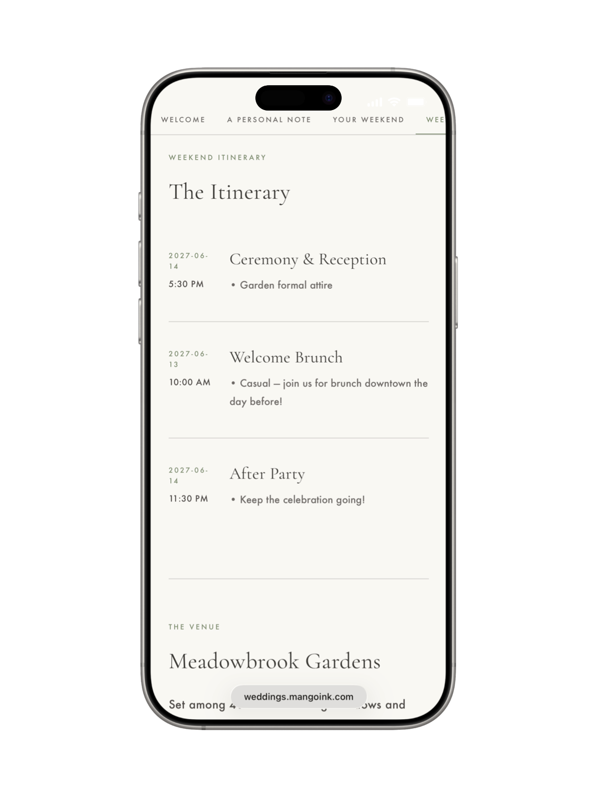 Itinerary on Amara & Julian wedding site