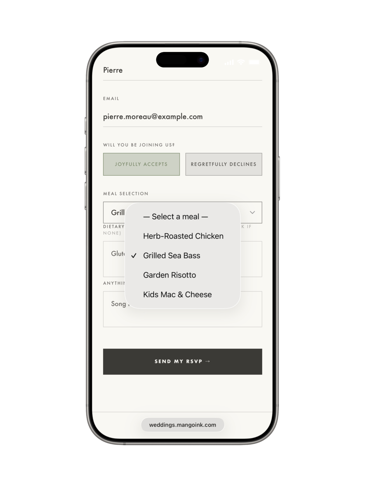 Meal selection on Amara & Julian wedding site
