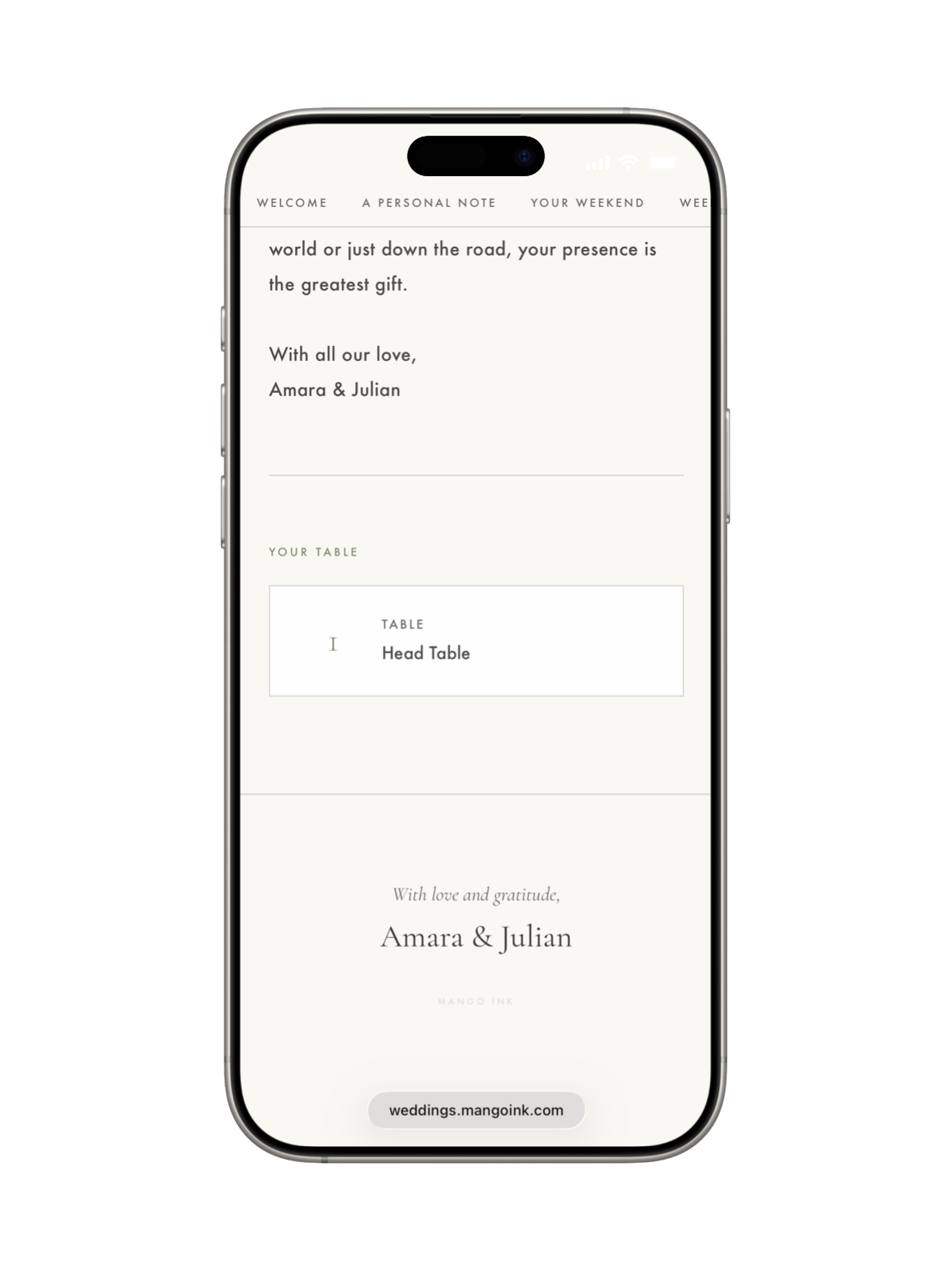 Seating assignment on Amara & Julian wedding site