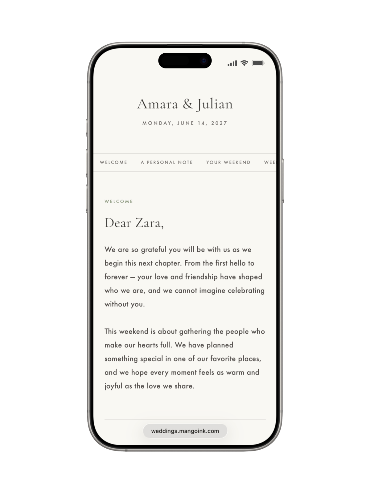 Personalized guest welcome on Amara & Julian wedding site
