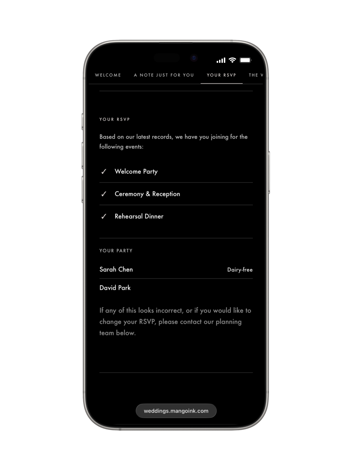 RSVP summary on Blake & Ever wedding site