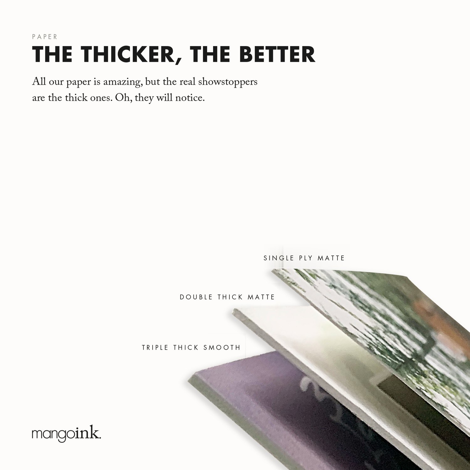 Mango Ink holiday card stocks side by side: single ply, double thick and triple thick